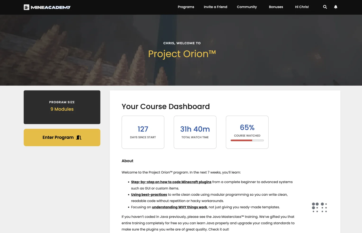 The Project Orion student dashboard