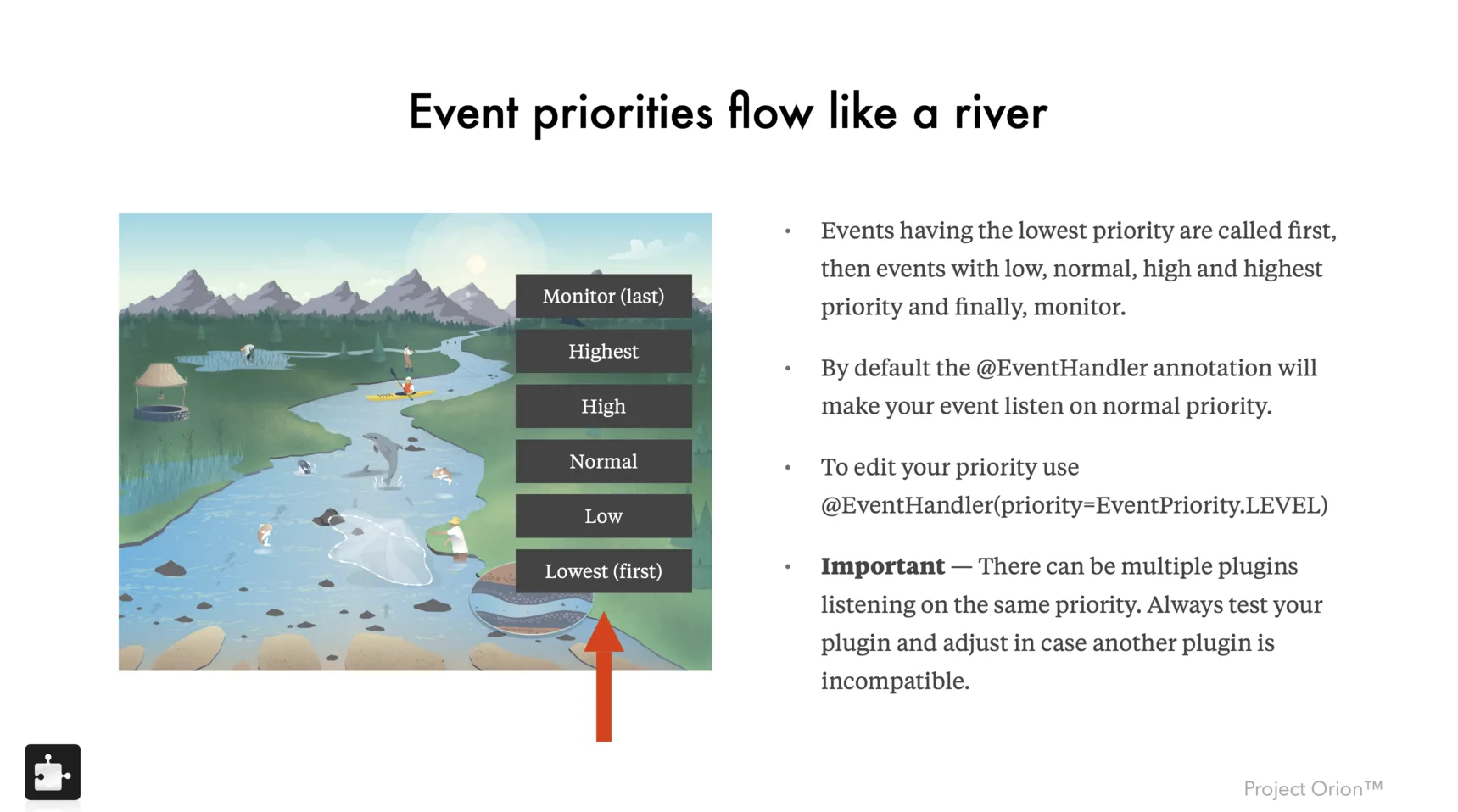 Lesson slide explaining event priorities with a river metaphor
